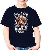 [SDVN] Just A Girl Who Loves Highland Cows Scottish Highland Cows Farm Farming Farmer Unisex Kids Shirt Youth T-Shirt (Navy;S)