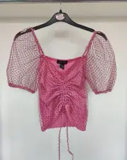 New Look Pink Polka Dot Mesh Top, Cropped, Ruched Front, Lined - Size 8 BNWT