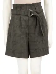 Grey Checkered Paper Bag Waist Shorts