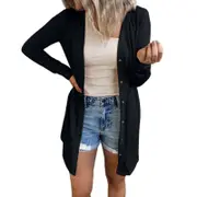 Women's Casual Open Front Knit Cardigans Long Sleeve Plush Sweater Coat- Black