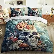 AILONEN Goth Skull Duvet Cover Set Queen Size,Abstract Flower Skeleton Quilt Cover,Retro Graffiti Skull Comforter Cover & 2 Pillowcases,Soft Lightweight