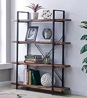 4-Tier Bookcase, Vintage Industrial Wood and Metal Bookshelves Display Rack for Home and Office Organizer, Retro Brown