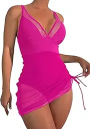Leoparts Women's V Neck One Piece Swimsuit Mesh Sheer Swim Dress Curvy Tummy Control Side Drawstring Bathing Suits