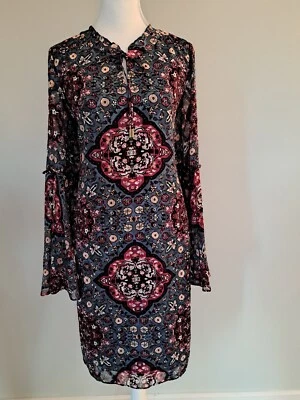 NWT WHBM L Bell-Sleeve Boho Shift Dress blue red burnout chiffon Orig Price $150