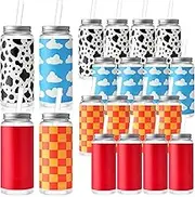 Skylety 12 Set Cartoon Story Plastic Juice Bottles with Airtight Lids and Straws 13.05 oz Cow Print Sky Blue Cloud Reusable Drinking Bottles Containers Water Cup for Drinking Juice, Beverage
