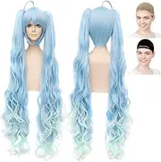 CaseEden Cosplay Wig, Snow Miku, SNOW MIKU, Hatsune Miku, Long, Stupid Fur, Twin Tails, With Hair Clip, Light Blue, Gradient, Light Blue, White Merce, Wig Net, Set of 2