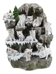 Mini Snow Wolf Pups On Wolf Den Rocky Cave Lair Display Stand Figurines Set