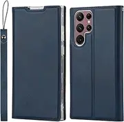 for Samsung Galaxy S22 Ultra 5G Case(6.8"),Cavor Folio Flip Leather Wallet Phone Case Stand Card Holder Magnetic Closure Clear TPU Bumper Slim Thin Cover Case with Wristlet Strap- Blue