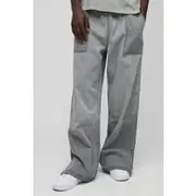 Mens Grey Elasticated Waist Wide Leg Embroidery Denim Joggers
