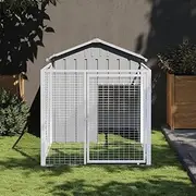 Outdoor Dog Kennel with Water-Resistant Roof and Run, Metal Dog House Dog Kennel Pen Enclosure with Lockable Door, Heavy Duty Dog Cage for Small Medium Dogs, Light Grey 117x201x123 cm