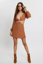 Beige Cut Out Ring Detail A-Line Dress - Size 14, Women's F A Line Dress
