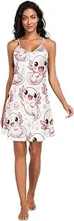 [RPLIFE] Cute Cartoon Axolotls Satin Slip Dress, Satin Cami Sleep Dress, Sleeveless Night Shirts for Woman