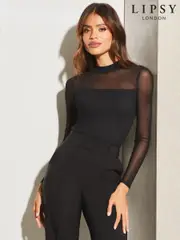 Lipsy Black Mesh Long Sleeve High Neck Rib Top (E74632) | $43