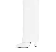 Women Knee High Boots Wide Calf Fold Over Wedge Boots White 39