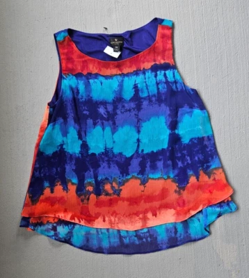 Worthington Orange Blue Sleeveless Flowy Top Sz Small Petite Career Boho Hippie