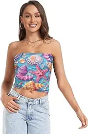 [RPLIFE] Colorful Seashells Starfish Blue Womens Tube Top Strapless Cami, Sheer Tube Tops, Sexy Tube Tops (S)