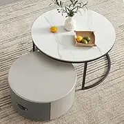 EKDJSN White Round Nesting Table, Coffee Table Set with Large Capacity Storage Single Drawer, Center Table for Small Space, Office, Bedroom, Balcony