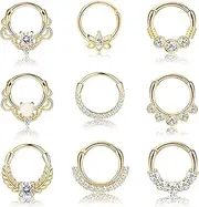 Kakonia 9PCS 16G Septum Rings Opal Daith Earrings Hoop Nose Rings 316L Stainless Steel CZ Cartilage Helix Tragus Earrings Septum Clicker Piercing Jewerly