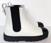 NIB CHANEL WHITE BLACK LEATHER GOLD TURNLOCK CC LOGO ANKLE LUG BOOTS 39