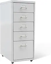 File Cabinet with 5 Drawers, 28 x 41 x 68.5 cm Steel Filing Cabinet with Castors for Easily Moving Around for Home, Office Grey