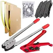5 in 1 Banding Strapping Kit Pallet Packaging Strapping Tool, Strapping Tensioner Tool, Sealing Tool, 100 Plastic Packaging Corner, 100 Metal Seals, and 2 Roll 1/2" x 300ft Polyester (PET) Strapping