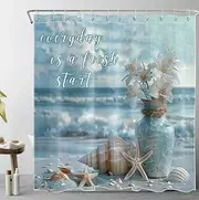 SCECALA Beach Coastal Shower Curtain Flower Vase and Starfish Seashell on Beach Fabric Shower Curtain Blue Inspirational Bathroom Curtain Decor with Hooks Easy Care Polyester, 70x70 inch