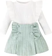 [Kuriozud] Fall Toddler Girl Clothes Baby Ruffle Long Sleeve Shirt Plaid Skirt Set Back To School 2 Piece Outfit