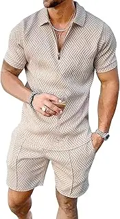 [Maiyifu-GJ] Men's Short Sleeve Polo Shirt 2 Piece Short Set 1/4 Zip Polo Shirts and Shorts Sets Summer Fashion Casual Outfits, Khaki, X-Large