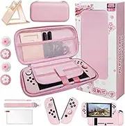 HLRAO Pink Travel Accessory Set Bag Compatible with Nintendo Switch, Sakura Design Storage Bag Case, with Hard Protective Case, Adjustable Stand, HD Glass Screen Protector and Thumb Grip. 10-in-1, 【10-in-1】, Travel Carrying Bundle for Switch, switch bag