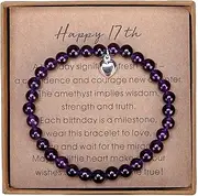 [Giuesytic] 17 Year Old Gifts for Birthday Amethyst Bead Bracelet with Sterling Silver Heart Charm 17th Birthday Gifts with Card and Gift Box, 7 inch, Stone, no gem style