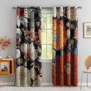 Tyrot Black Boho Floral 100% Blackout Curtains for Bedroom 96 inch Long 2 Panels Mid Century Botanical Black Out Curtains for Living Room Grommet Thermal Insulated Room Darkening Window Drapes,52Wx96L