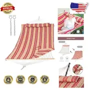 Luxurious Two-Person Red Stripe Hammock with Pillow & Hardwood Spreader Bar