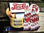 Pepsi-Cola 5¢ Embossed Tin Metal Sign - Pepsi - Bigger & Better - 6 Pack Bottles
