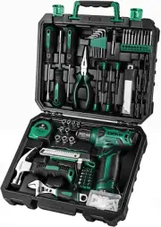 Drill Set: 8V Green Cordless Drill, Home Tool Kit with 126 Piece Hand Tool Kits