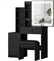 [ALFORDSON] Dressing Table Vanity Stool Set with Sliding LED Mirror, Chair, Mutiple Shelves and Storage Cabinet, Makeup Desk Dresser Organiser for Women Bedroom Dressing Room, Black