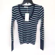 Zara Knit Striped Ribbed Top Womens Medium Blue Sparkle Metallic Stretch
