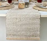 Chardin home | Natural Jute Table Runner | 13x90 Inch. Rustic Farmhouse Table Runner | Table Runner Colors - Natural Jute and Ivory/Beige