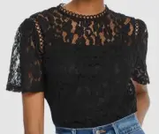 $149 Aqua Women's Black Sheer Lace Floral Embroidered Short-Sleeve Blouse Top S