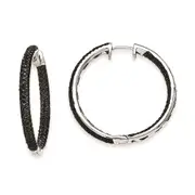 14k White Gold Black Real Diamond Hinged Hoop Earrings