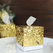 25 Gold 2 in Mini GIFT BOXES Sequin Glittered Favor Holders White Ribbon Party