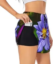 [GaxfjRu] Purple Flower Print Women's Running Shorts High Waisted Running Shorts Pocket Sporty Gym Elastic Short, Black, XXL