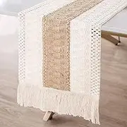 Burlap Lace Table Runner Natural Jute for Rustic Vintage Country Wedding Party Bridal Shower Kitchen Dining Table Decoration Farmhouse Woodland Decor (Style 1, 30*183CM)