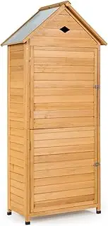 Costway Outdoor Storage Shed, Lockable Fir Wood Garden Tool Storage Cabinet with Shelves, Galvanized Sheet Roof, Waterproof Tool Hutch Organizer for Home, Garden, Yard(Natural)