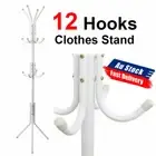 12 Hook Coat Hanger Stand 3Tier Hat Clothes Rack Metal Tree Style Storage White