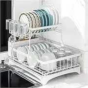 Viviendo 2 Tier Dish Drying Rack, Dish Rack with 360° Rotating Drainer Board, Dish Drainer Rack Stainless Steel with Cup Holder, Large Capacity Utensil Holder for Kitchen Storage, White