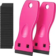 SOVYOULIVE Plastic Razor Blade Scraper, 2 Pack Razor Scraper with 100 Pcs Razor Blades for Removing Glue, Sticker, Decals, Tint from Car Window and Glass(Pink)