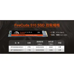 Seagate希捷 FireCuda 510 火梭魚 SSD固態硬碟 2T 2TB M.2 PCIe Gen3