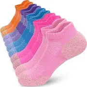 [ouhos] Women Ladies White Black Running Sports Socks Cushioned Trainer Ankle Walking Support Socks for Womens 4-7 Multipack Low Cut Anti Blister Breathable Thick Cotton Hiking Athletic Socks 5 Pairs