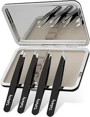 Takesy New Eyebrow Plucker Tweezers for Men Chin Hair & Ingrown Hair, Stainless Steel Professional (Leather Mirror Travel Tweezer Set Black)