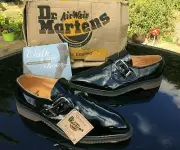Vintage Dr. Martens black patent pointed monk shoes UK 9 EU 43 BNIB England RARE